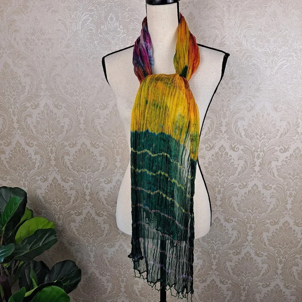 Indian Multi Color Silk Scarf Scrunched Texture Beaded Ends NWOT